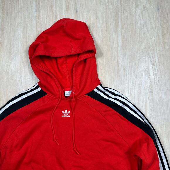 Adidas Red Hoodie Pullover Cropped Stripe Sleeve Leoflage Trefoil Sweater Large - Picture 2 of 15
